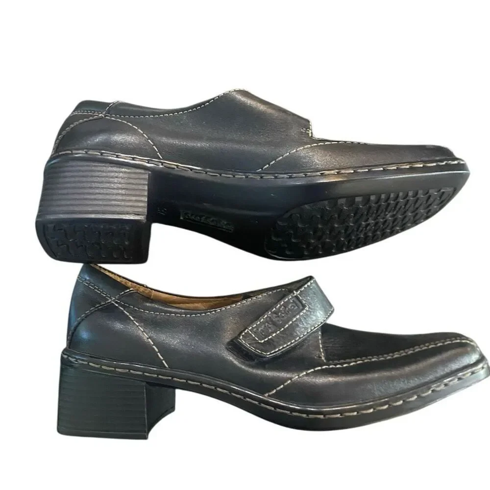 Josef Seibel Black Leather Square Toe Monk Strap Block Heel Comfort size 37 = 7